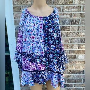 3X Zac & Rachel Floral Patchwork Blouse Boho Bell Sleeves